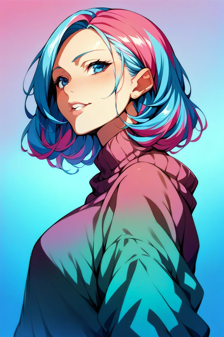 Illustrator, anime , Realistic ,sketch , 1 girl, ,lip, sweater,order, Blue gradient background, Neon Hair,Textured Trim, Canadian, (masterpiece,Highest quality) Cancer