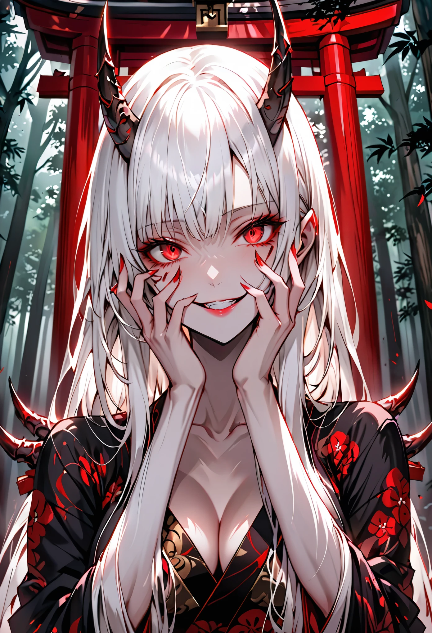 female, oni, flesh horns, dark luxurious kimono, white hair, long hair, medium breasts, cleavage:0.3, red eyes, forest, Japanese shrine, straight hair, feminine, from the waist up, wide yandere smile, yandere trance, broad shoulders, large woman, hands to face, insane