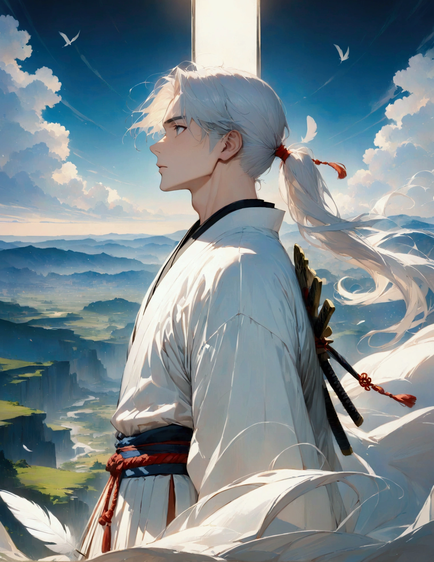 (masterpiece:1.3),(最high quality:1.4),(Very detailedな:1.5),High resolution,Very detailed,8k,artwork,High level of detail,rendering,high quality,Wide range of colors,A fantastical white space where countless white feathers fall,Vivid light,((One Anime Guy))、(profile,Landscape),Cool handsome guy,Swordsman、(White Hair)、Long hair that reaches down to the waist is tied in a single ponytail、White Hakama、白いSwordsmanの服装、((samurai)),There's a sword on his waist、Looking up with a blank look。