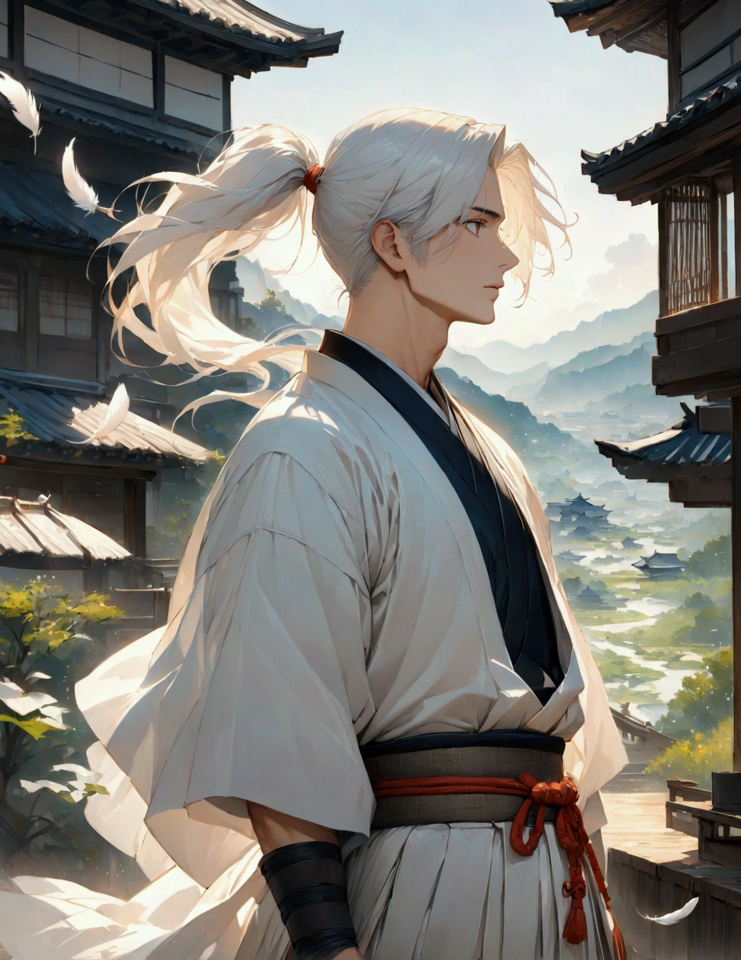 (masterpiece:1.3),(最high quality:1.4),(Very detailedな:1.5),High resolution,Very detailed,8k,artwork,High level of detail,rendering,high quality,Wide range of colors,A fantastical white space where countless white feathers fall,Vivid light,((One Anime Guy))、(profile,Landscape),Cool handsome guy,Swordsman、(White Hair)、Long hair that reaches down to the waist is tied in a single ponytail、White Hakama、白いSwordsmanの服装、((samurai)),There&#39;s a sword on his waist、Looking up with a blank look。