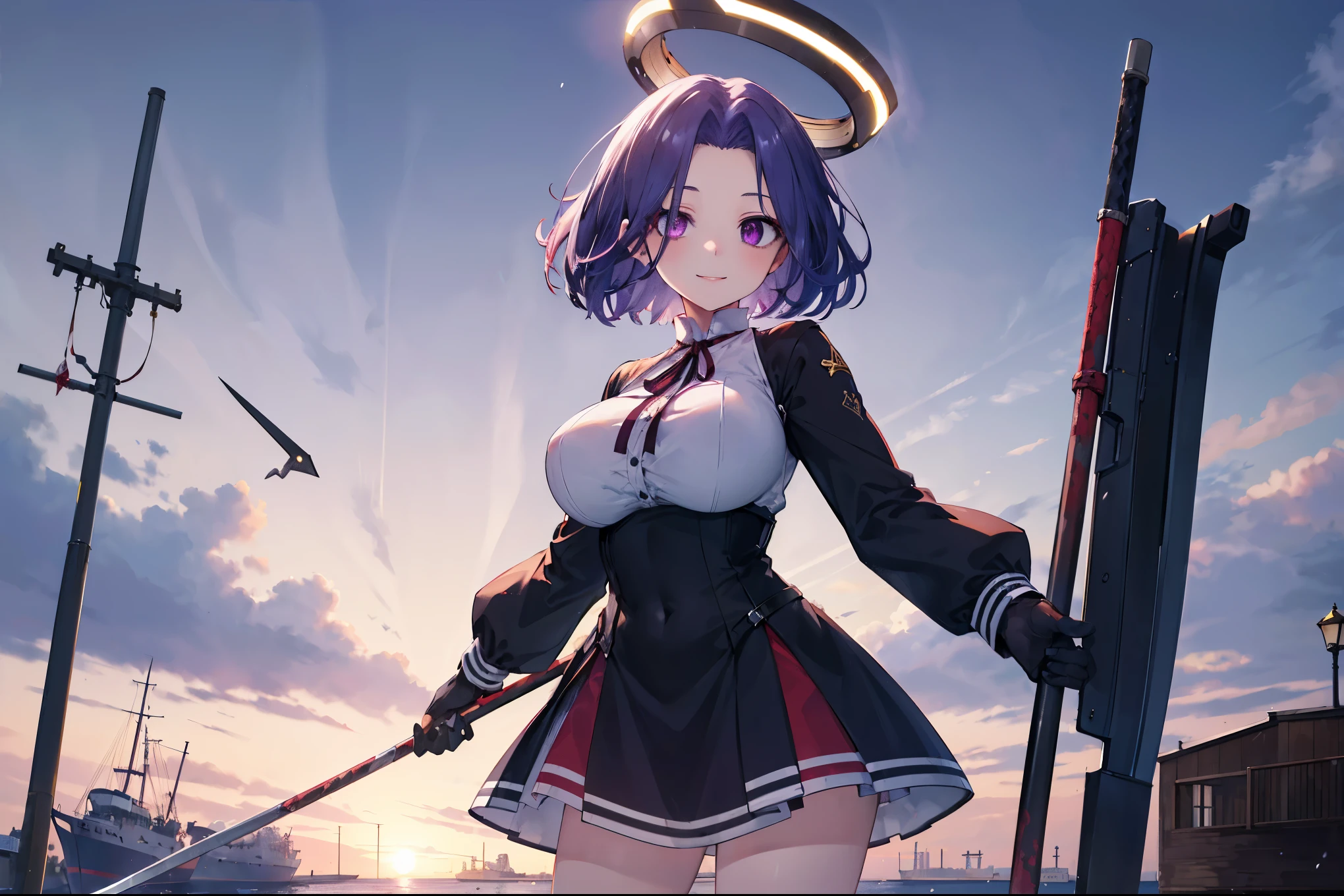 masterpiece, best quality, highres, mechanical halo, (gigantic_breasts:1.2), black dress, neck ribbon, long sleeves, black gloves, outdoors, cowboy shot, standing, holding weapon, polearm,smile,,harbor_town_landscape,purple_halfeyes,(scornful eye:1.4)