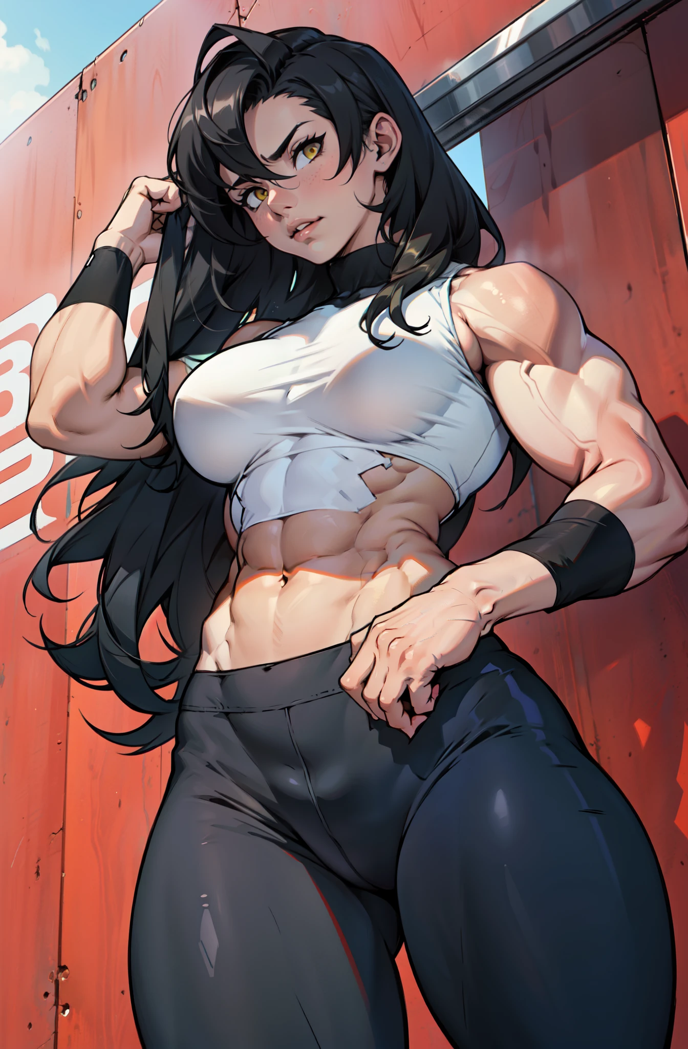 1girl pale skin muscular toned body black hair yellow eyes long hair huge muscles leggings muscles simple background ((from below)) 