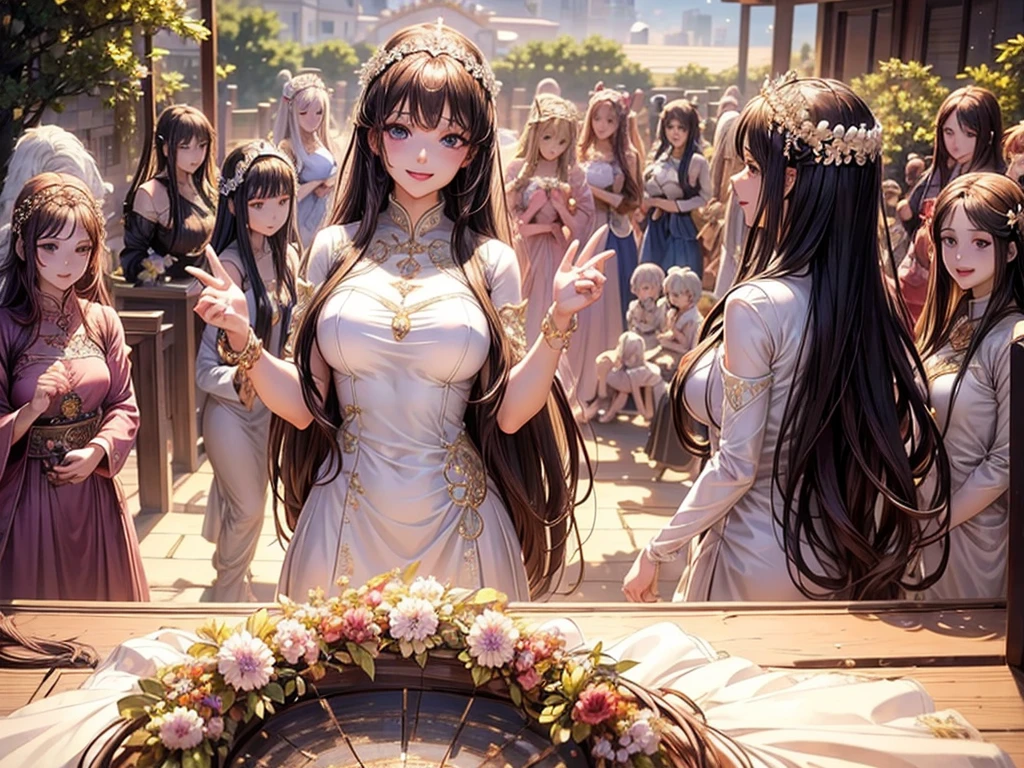 (perfect face), (detailed face), (beautiful face), exceptional smile, (cute smile), ultra detailed, best quality, ((masterpiece)), 8k cg wallpaper, stunning art,beautiful hair,(hand with five fingers:0.6), (long hair), shining eyes, (multiple beautiful women, group picture, lineup, harem, 6+beautiful women:1.6), , from behind, (all fours), long hair, luxury dress,
