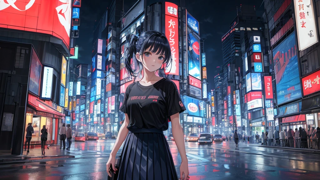 (8k, raw photo, masterpiece:1.3), (realist, photo-realist:1.37), (evening), (looking at the viewer:1.331), (by white), Posing, Tokyo Street, eveningcityscape, Cyberpunk City, luz outfit, 1 girl, extremely beautiful face, bust, lower your hands, Random hairstyle, random expression, large eyes, lower abdomen, (short sleeve .JK_shirt), JK_style, (JK dark blue_Skirt), (arco JK_Atar), mix4., Best Quality