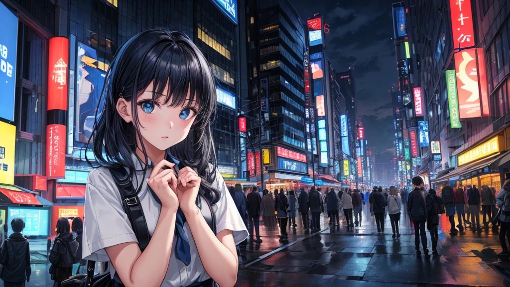 (8k, raw photo, masterpiece:1.3), (realist, photo-realist:1.37), (evening), (looking at the viewer:1.331), (by white), Posing, Tokyo Street, eveningcityscape, Cyberpunk City, luz outfit, 1 girl, extremely beautiful face, bust, lower your hands, Random hairstyle, random expression, large eyes, lower abdomen, (short sleeve .JK_shirt), JK_style, (JK dark blue_Skirt), (arco JK_Atar), mix4., Best Quality