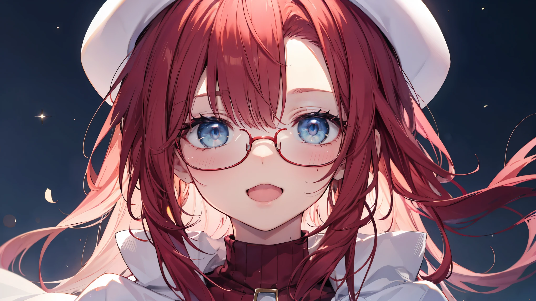 summonnightaty, aty, (young:1.3),long hair, blue eyes, red hair, big_tits, hat, glasses, BREAK long hair,, hat, dress,glasses, cape, sweater, beret,ribbed sweater,,solo, BREAK outdoors, fantasy, BREAK (masterpiece:1.2), best quality, high resolution, unity 8k wallpaper, (illustration:0.8), (beautiful detailed eyes:1.6), extremely detailed face, perfect lighting, extremely detailed CG, perfect anatomy),covered_nipples,half_eyes,sleepy_eyes,red_sweater,magical_effect,,Smile,open_mouth,solo,in_modern_town_landscape,night_sky,solo,portrait,bust up,looking_viewer