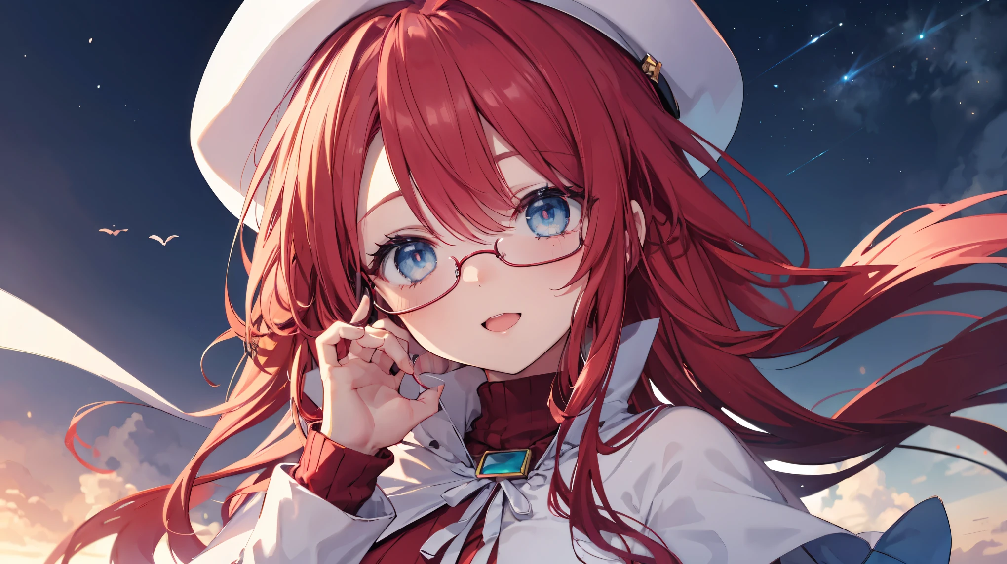 summonnightaty, aty, (young:1.3),long hair, blue eyes, red hair, big_tits, hat, glasses, BREAK long hair,, hat, dress,glasses, cape, sweater, beret,ribbed sweater,,solo, BREAK outdoors, fantasy, BREAK (masterpiece:1.2), best quality, high resolution, unity 8k wallpaper, (illustration:0.8), (beautiful detailed eyes:1.6), extremely detailed face, perfect lighting, extremely detailed CG, perfect anatomy),covered_nipples,half_eyes,sleepy_eyes,red_sweater,magical_effect,,Smile,open_mouth,solo,in_modern_town_landscape,night_sky,solo,portrait,bust up,looking_viewer