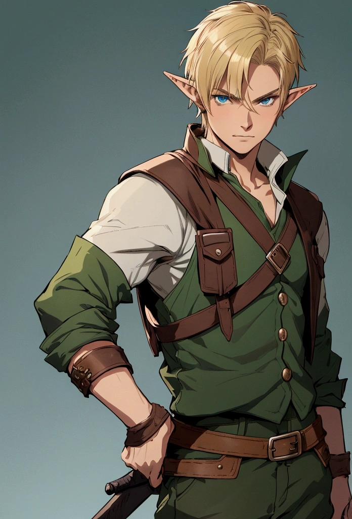 full portrait, simple male rogue, short blonde hair, elf ears, battle hardened, brown leather vest, mild green pants, calmly standing, early 20s, blue eyes, plain and simple blue background, medieval, shining force style