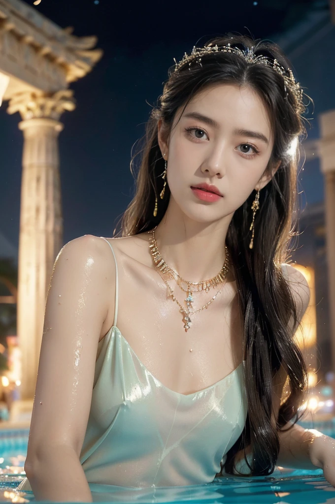 (((best quality))),(((ultra detailed))),(((masterpiece))),illustration,((1 beautiful girl,ancient greek princess,solo)),((earrings,crystal necklace)),(((sweat,wet,shiny skin))),((slim,thin)),((small breasts,flat chest)),(Gorgeous sheer dress:1.3),(slender legs:1.2),(((luxurious pool,grand temple,starry night sky))),summer,radiant complexion,(shoulder length straight hair:1.2),graceful,intricate patterns,embellishments,shimmering fabric,rainbow colors,gentle waves,fragrant oils,lush plants,elegant columns,serene ambiance,(surrounded by crowded crowds of attendants:1.3),ritual of cleansing,opulence,tranquility,solitude,busy life,timeless,enchanting image,essence of ancient greece,((from front,upper body))