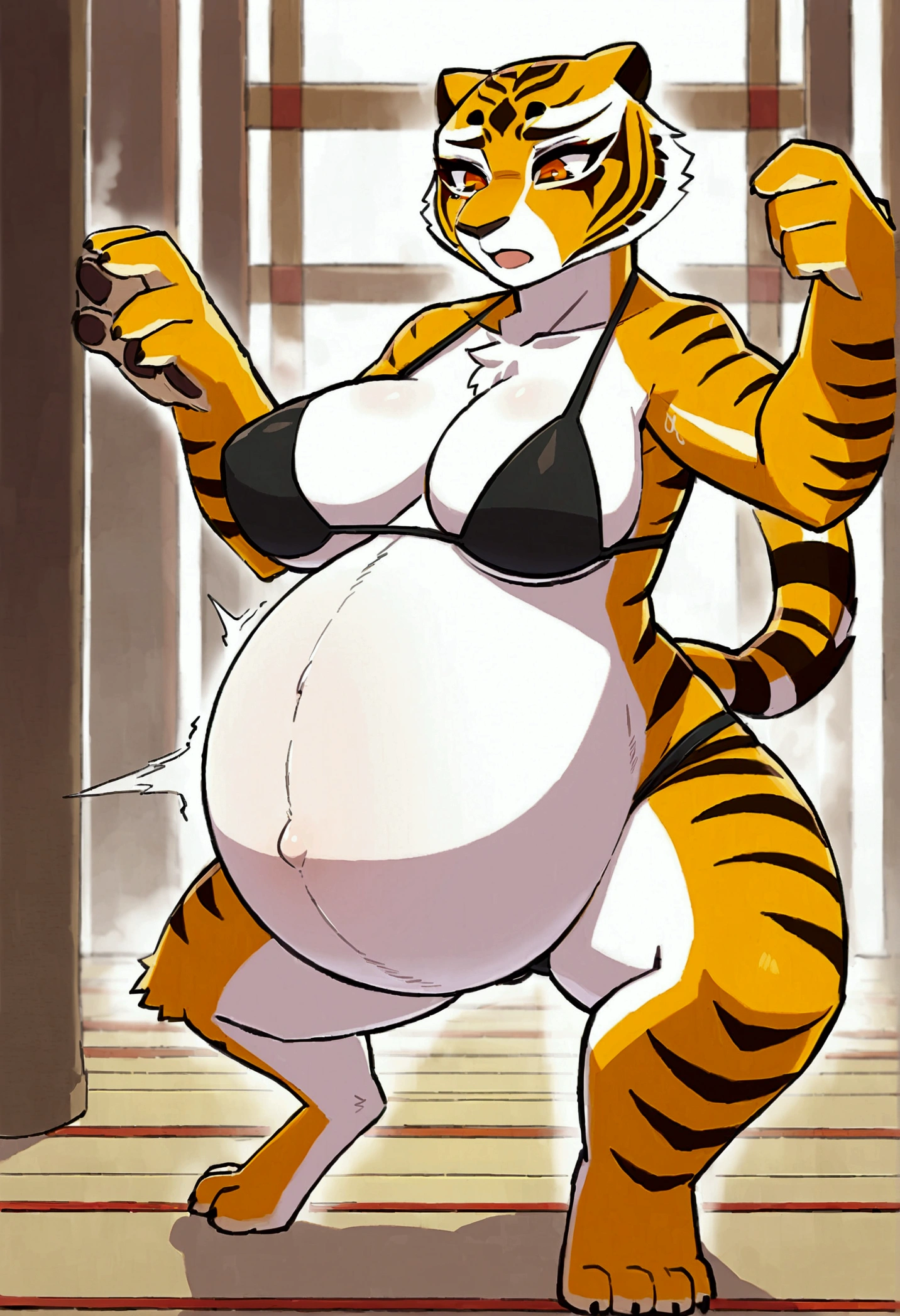 top quality, best quality, by yamame513, High-quality illustrations, masterpiece)(kemono, furry anthro), round, 1 female, tiger, Master Tigres, (Kung Fu Panda), model body, furs, fluffy, tail, big breasts, perfect eyes, orange eyes, kung fu bikini, body movement, body twitching, pregnant, nervous, pain, breath, strong contractions, spread legs, labor