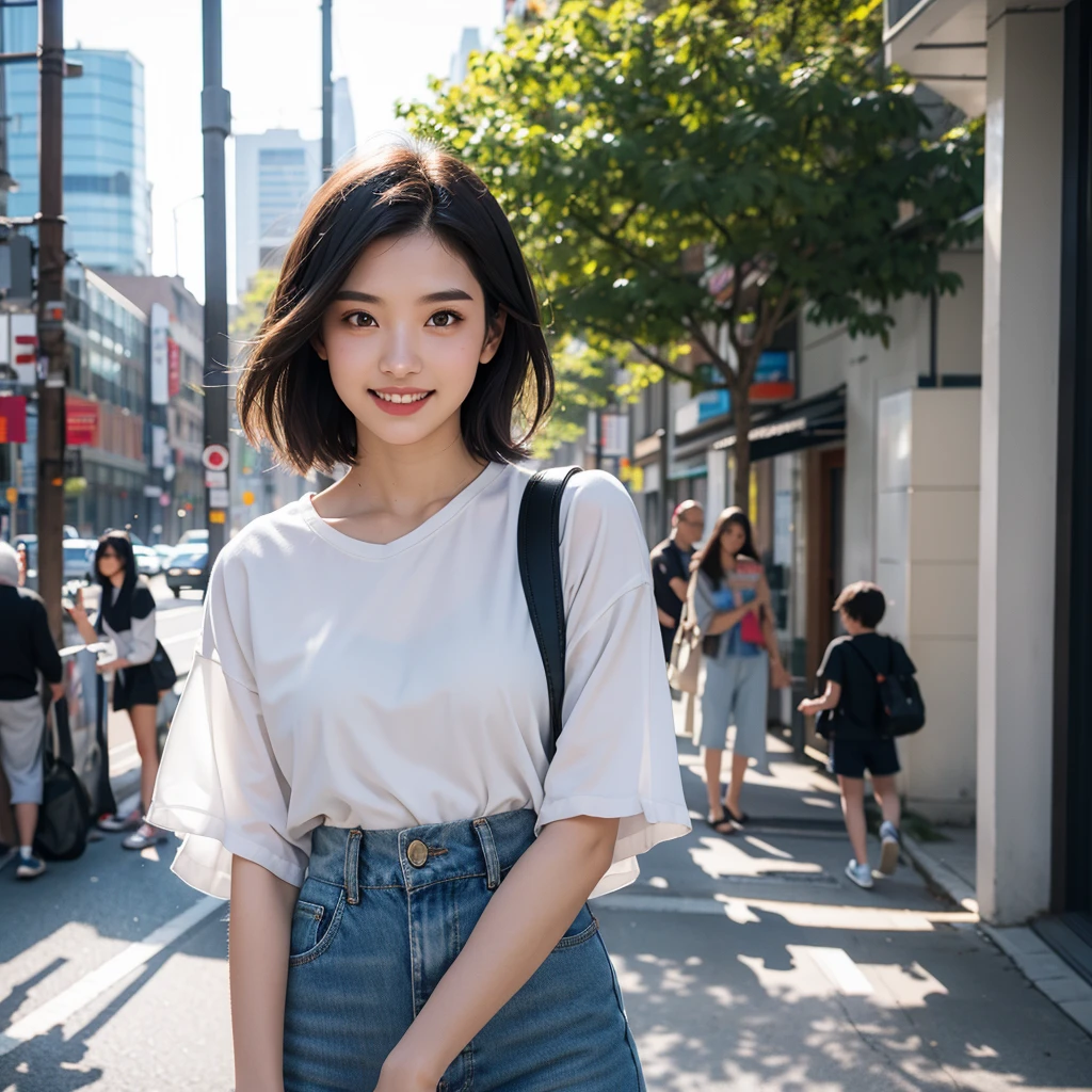 Highest quality,master piece,incredibly absurdres,high resolution,lens flare,a girl, one girl,solo focus,alone,full body,perfect anatomy,8k,a girl, one girl,solo focus,alone,Japanese women,26 years old,Clear,beautiful,Beautiful eyes,Detailed eyes,smile,teeth,handsome short hair(bionde),Large Breasts,Casual Style,The background is the city,one girl

