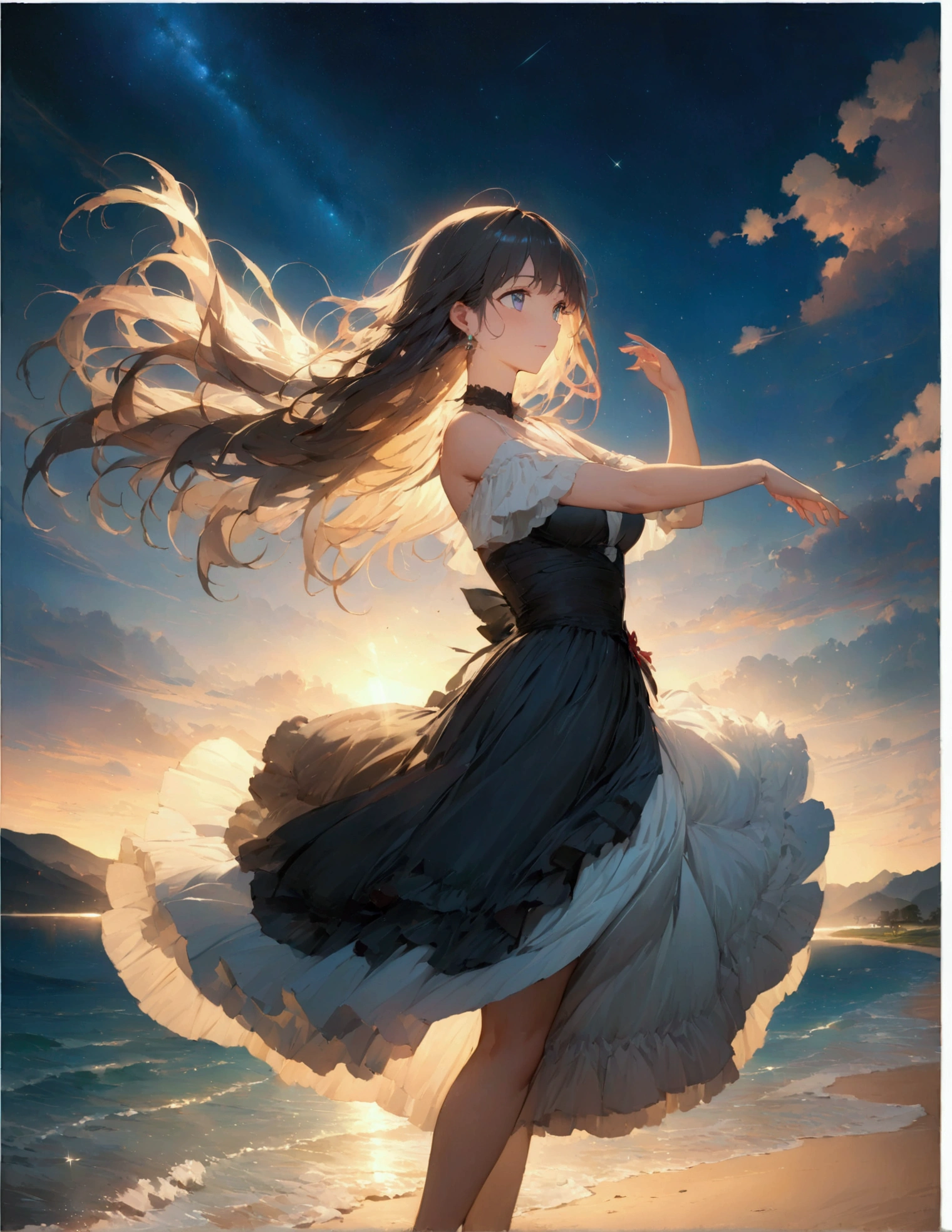 (masterpiece:1.3),(最high quality:1.4),(Very detailedな:1.5),High resolution,Very detailed,8k,artwork,High level of detail,rendering,high quality,Wide range of colors, The setting is a beach at night under the stars, ((One anime man and one anime woman)),dancing. The night is full of hope, And the moonlight illuminates the scene. Waves gently crash on the shore, Create a calm and magical atmosphere. " Narrative poem, Particle Effects, Dynamic Effects, Character border depth, Cinematic Light, Lens flare, Ray Tracing, Tabletop, Genuine , 超High resolution, Fantasy, Quiet and beautiful grassland, Vast land, Lakeside, Wonderful scenery, Beautiful natural scenery, Stars in the night sky,