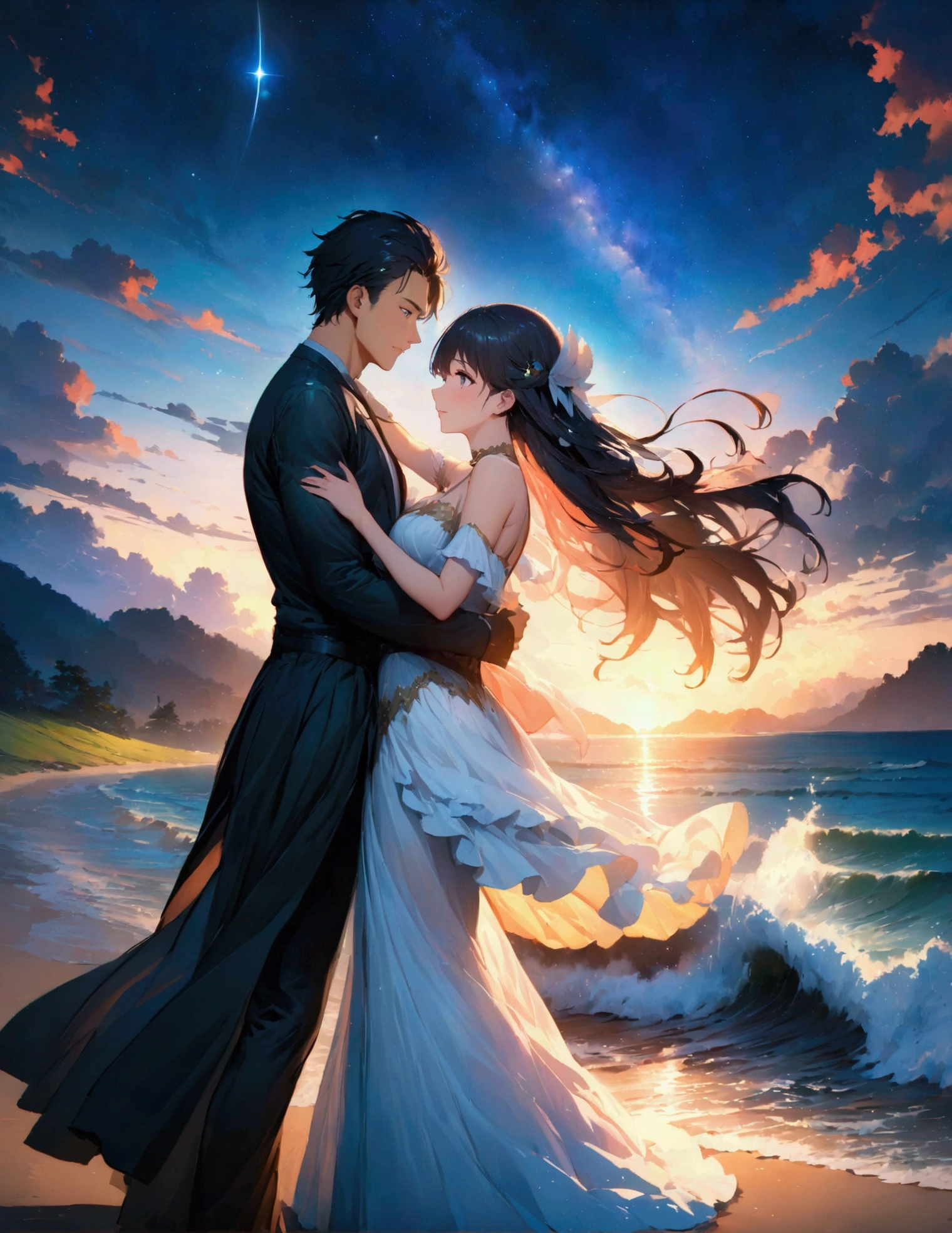 (masterpiece:1.3),(最high quality:1.4),(Very detailedな:1.5),High resolution,Very detailed,8k,artwork,High level of detail,rendering,high quality,Wide range of colors, The setting is a beach at night under the stars, ((One anime man and one anime woman)),dancing. The night is full of hope, And the moonlight illuminates the scene. Waves gently crash on the shore, Create a calm and magical atmosphere. " Narrative poem, Particle Effects, Dynamic Effects, Character border depth, Cinematic Light, Lens flare, Ray Tracing, Tabletop, Genuine , 超High resolution, Fantasy, Quiet and beautiful grassland, Vast land, Lakeside, Wonderful scenery, Beautiful natural scenery, Stars in the night sky,