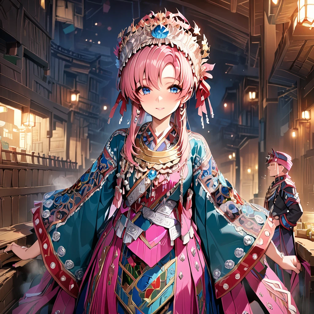 ((Highest quality)), ((masterpiece)), (detailed), （Perfect Face）、The woman is Lacus Clyne, with blue eyes, semi-long pink hair, and is wearing a gorgeous national costume and a gorgeous headdress.、She is seen with her husband, the emperor.