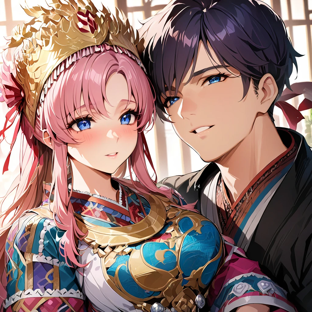 ((Highest quality)), ((masterpiece)), (detailed), （Perfect Face）、The woman is Lacus Clyne, with blue eyes, semi-long pink hair, and is wearing a gorgeous national costume and a gorgeous headdress.、She is seen with her husband, the emperor.