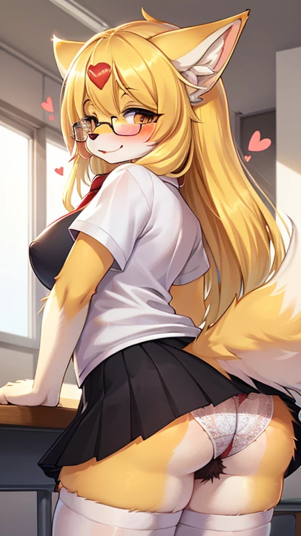 Best Quality,better resolution,(fluffy hairy antrum :1.6),fox girl,long yellow hair,curvy hair,(light yellow fur),classroom,Light and shadow,(White short sleeve shirt),Red tie,black skirt,White stocking,Glasses,ribbon hairpin,looking at the viewer,Cara sexy,very close eyes,full face blush,pose sexy,heart eyes,heart expression eyes,up skirt, fluffy ass, white panties