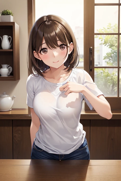 anegasaki nene、Shiny brown hair, short hair, (Beautiful brown eyes、Sparkling eyes, Fine grain)、smile、Ultra-detailed eyes、Very detailed顔, Very detailed目,




(Tabletop, Highest quality, Very detailed), One Girl, transformation、(((リブ編みニットとフレアミニスカートを着た眼鏡をかけたshort hairの主婦、)))