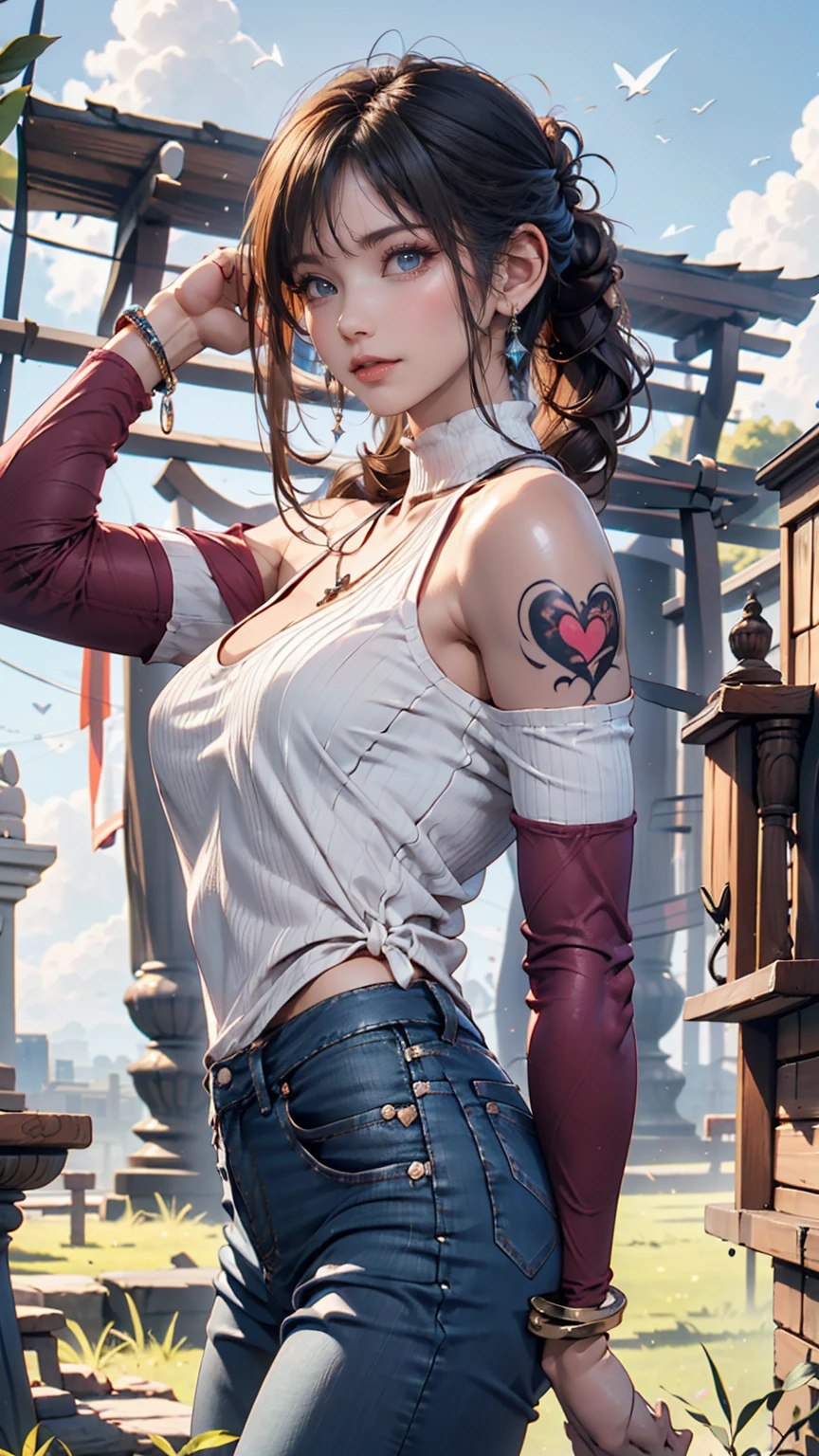 24-year-old female、Side-swept chignon((good site))、Tight high neck tops、No sleeve、Skinny jeans、Silver accessories on the wrist、heart tattoo on shoulder、pumps、blue sky, White cloud, Sunny grassland as far as the eye can see