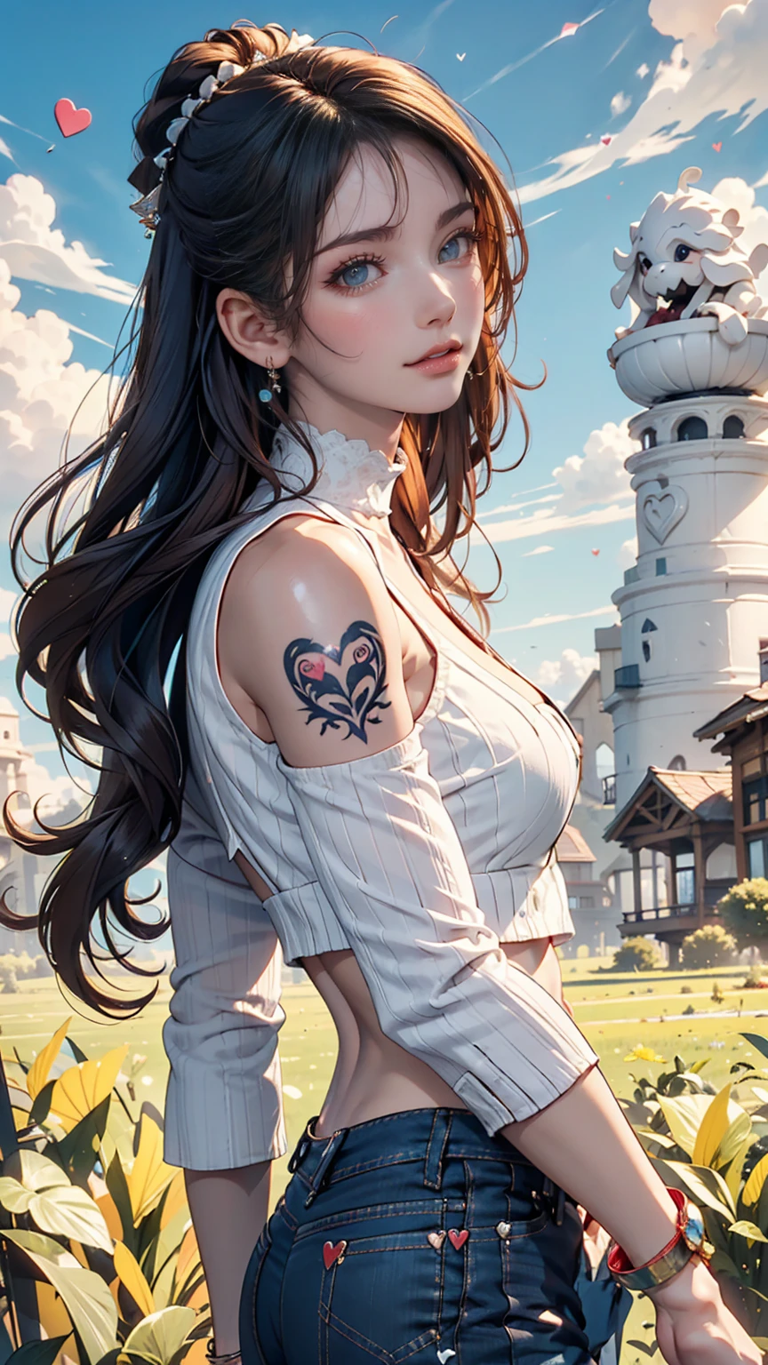 24-year-old female、Side-swept chignon((good site))、Tight high neck tops、No sleeve、Skinny jeans、Silver accessories on the wrist、heart tattoo on shoulder、pumps、blue sky, White cloud, Sunny grassland as far as the eye can see