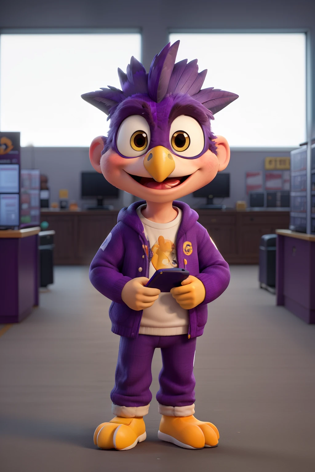 (melhor qualidade), (Cartoon), (Cute purple eagle mascot holding a cell phone as if being photographed for an electronics store commercial)