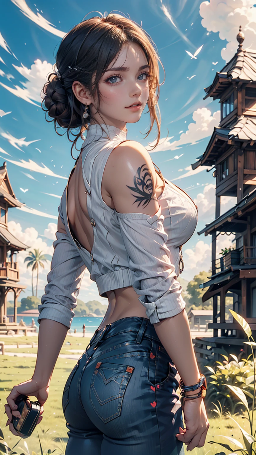 24-year-old female、Side-swept chignon((good site))、Tight high neck tops、No sleeve、Skinny jeans、Silver accessories on the wrist、heart tattoo on shoulder、pumps、blue sky, White cloud, Sunny grassland as far as the eye can see