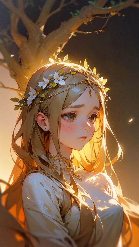 a beautiful fairy princess, acacia tree, sad, detailed portrait, delicate girl, long flowing hair, intricate flower crown, soft lighting, warm color tones, serene expression, photorealistic, 8k, highly detailed, masterpiece