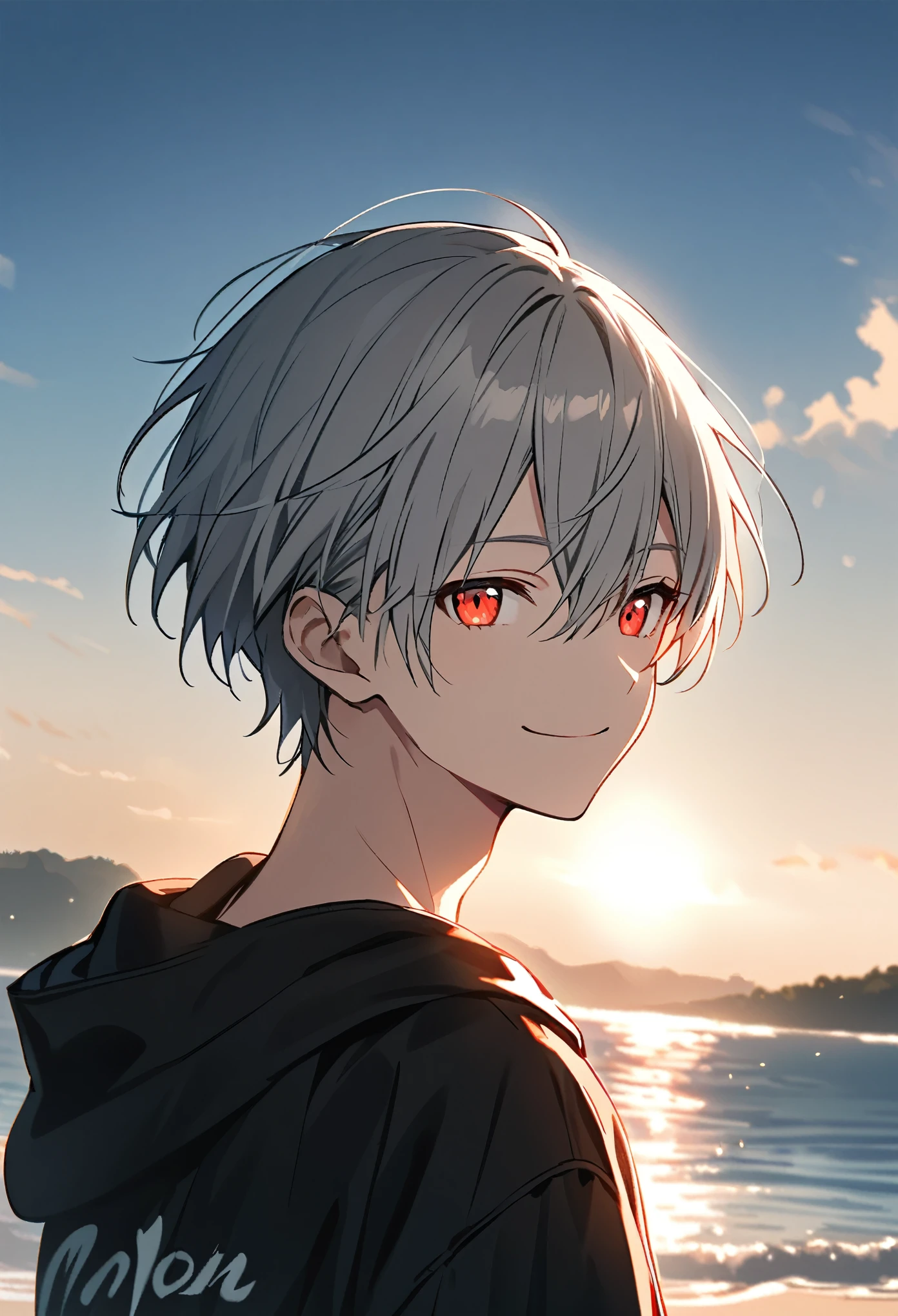 good looking, alone, 1 male, Gray Hair, Red eyes, Black Shirt, Black and white hooded, noon, White Light,Cute eyes,Short hairstyle,A cute boy,Summer sky,looking at the camera,smile