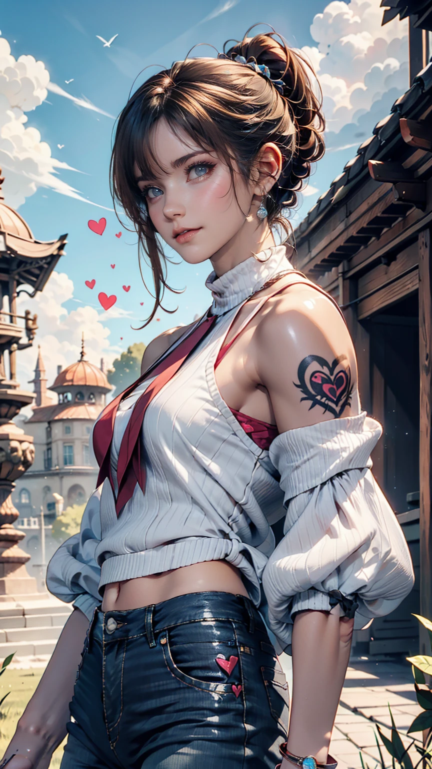 24-year-old female、Side-swept chignon((good site))、Tight high neck tops、No sleeve、Skinny jeans、Silver accessories on the wrist、heart tattoo on shoulder、pumps、blue sky, White cloud, Sunny grassland as far as the eye can see