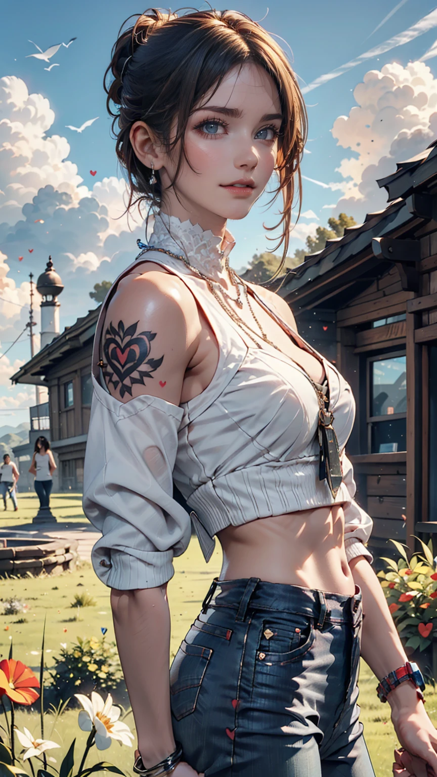24-year-old female、Side-swept chignon((good site))、Tight high neck tops、No sleeve、Skinny jeans、Silver accessories on the wrist、heart tattoo on shoulder、pumps、blue sky, White cloud, Sunny grassland as far as the eye can see