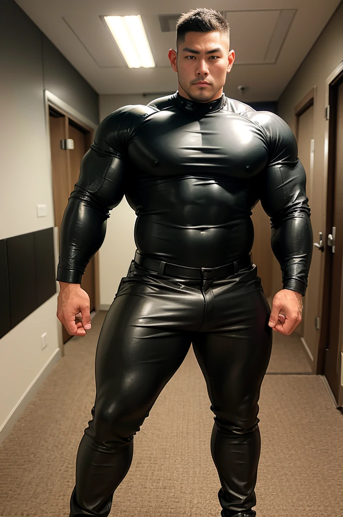 Big Muscular japanese guy,wearing tight black leather long sleeve shirt ,big biceps,muscular body, tall,6ft, leather pants, facing camera ,standing straight in hallway, lighting,shadow,bluish tint