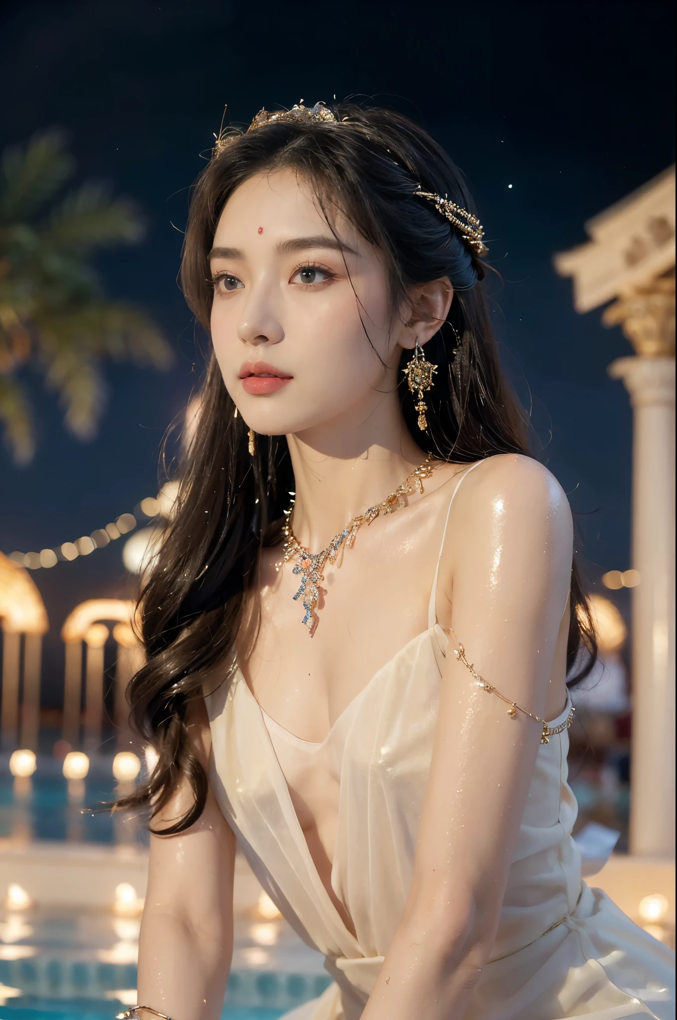 (((best quality))),(((ultra detailed))),(((masterpiece))),illustration,((1 beautiful girl,ancient greek princess,solo)),((earrings,crystal necklace)),(((sweat,wet,shiny skin))),((slim,thin)),((small breasts,flat chest)),(Gorgeous sheer dress:1.3),(slender legs:1.2),(((luxurious pool,grand temple,starry night sky))),summer,radiant complexion,(shoulder length straight hair:1.2),graceful,intricate patterns,embellishments,shimmering fabric,rainbow colors,gentle waves,fragrant oils,lush plants,elegant columns,serene ambiance,(surrounded by crowded crowds of attendants:1.3),ritual of cleansing,opulence,tranquility,solitude,busy life,timeless,enchanting image,essence of ancient greece,((from front,upper body))