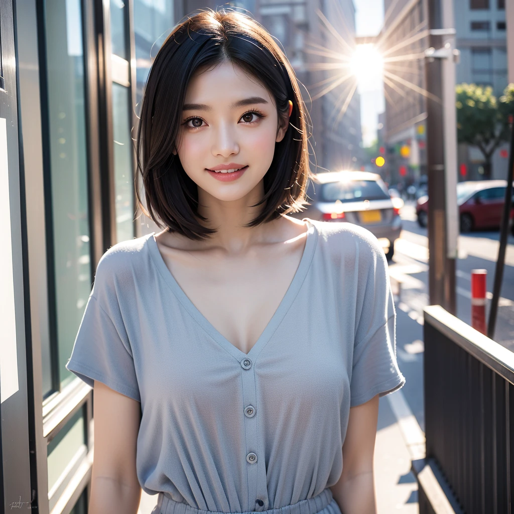 Highest quality,master piece,incredibly absurdres,high resolution,lens flare,a girl, one girl,solo focus,alone,full body,perfect anatomy,8k,a girl, one girl,solo focus,alone,Japanese women,26 years old,Clear,beautiful,Beautiful eyes,Detailed eyes,smile,teeth,handsome short hair(bionde),Large Breasts,Casual Style,The background is the city,one girl