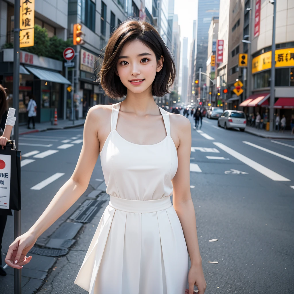 Highest quality,master piece,incredibly absurdres,high resolution,lens flare,a girl, one girl,solo focus,alone,full body,perfect anatomy,8k,a girl, one girl,solo focus,alone,Japanese women,26 years old,Clear,beautiful,Beautiful eyes,Detailed eyes,smile,teeth,handsome short hair(bionde),Large Breasts,Casual Style,The background is the city,one girl