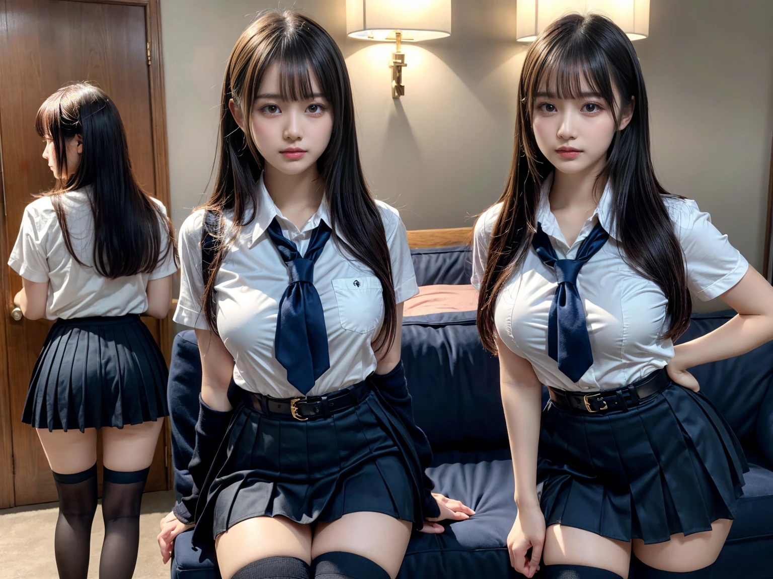 (8K, Raw photography, top-quality, ​masterpiece:1.2), master piece, best quality, illustration, Super detailed, fine details, High resolution, 8K,wall paper, perfect dynamic composition,(Details High quality, realistic depiction of eyes:1.3), ((2 girls, 2 schoolgirls)), The background is a luxury hotel room、High school girl uniform、Super Short Check Uniform Skirt、Navy blue high socks、garterbelts、Colossal tits、Disturbed uniform, Play with each other,Touching each other's bodies,Touching the body of the girl next door, short bob hair, black hair color, huge breasts, Big Natural Color Lip, bold sexy pose, (perfect body shape), crying a little、cold gaze,  Beautiful makeup,glitter makeup,Cutest 18 years old, beautiful legs, hposing Gravure Idol, Voluptuous thighs
