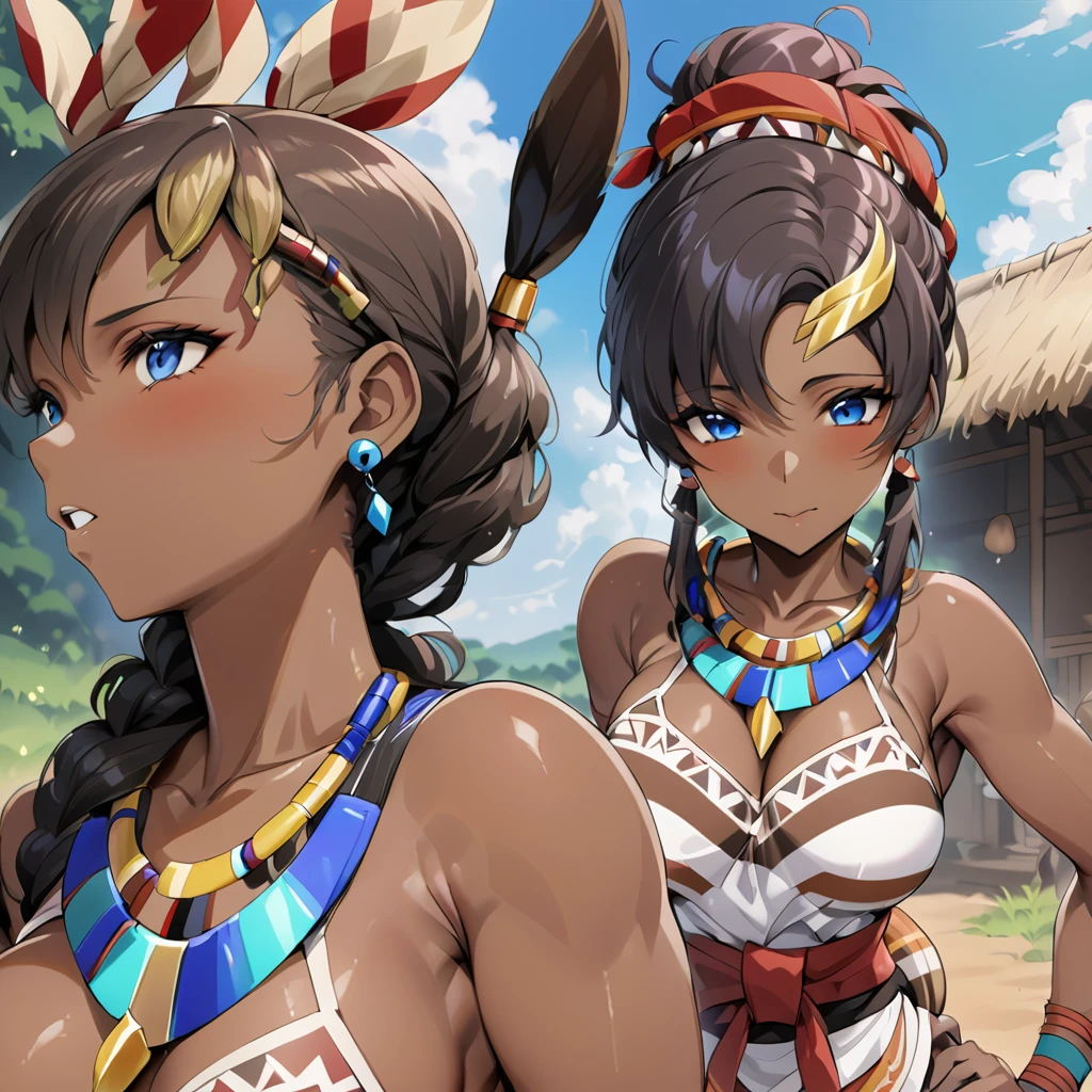 ((Highest quality)), ((masterpiece)), (detailed), (Perfect Face)、The woman is Lacus Clyne, a black-skinned woman with blue eyes, black afro hair, naturally curly braided hair, a hair ornament, a colorful head scarf, tribal accessories such as tribal necklaces and tribal earrings, and is an indigenous African woman wearing colorful indigenous tribal clothing.、The woman is in a native African tribal village.