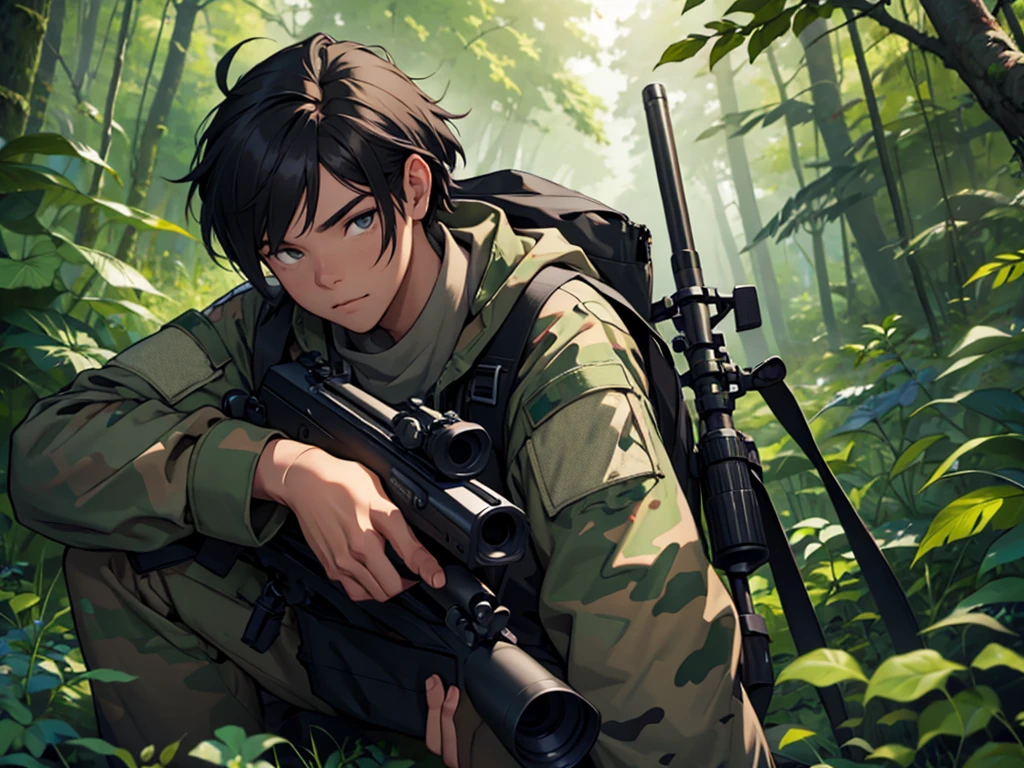Camouflaged shooter holding a sniper in the middle of the forest