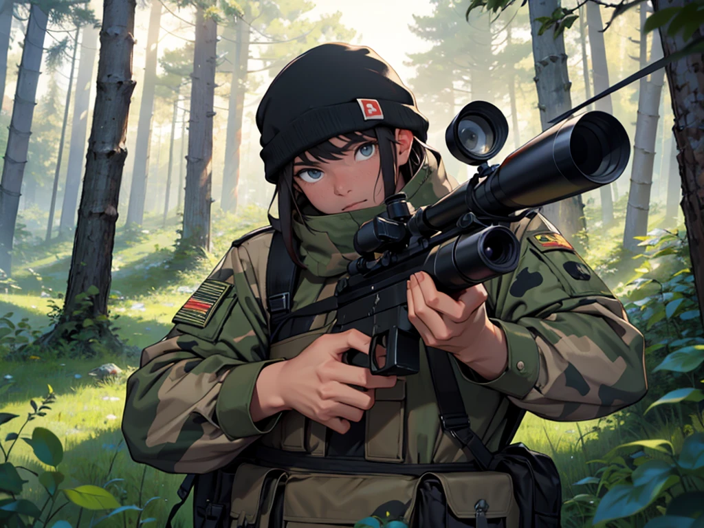Camouflaged shooter holding a sniper in the middle of the forest