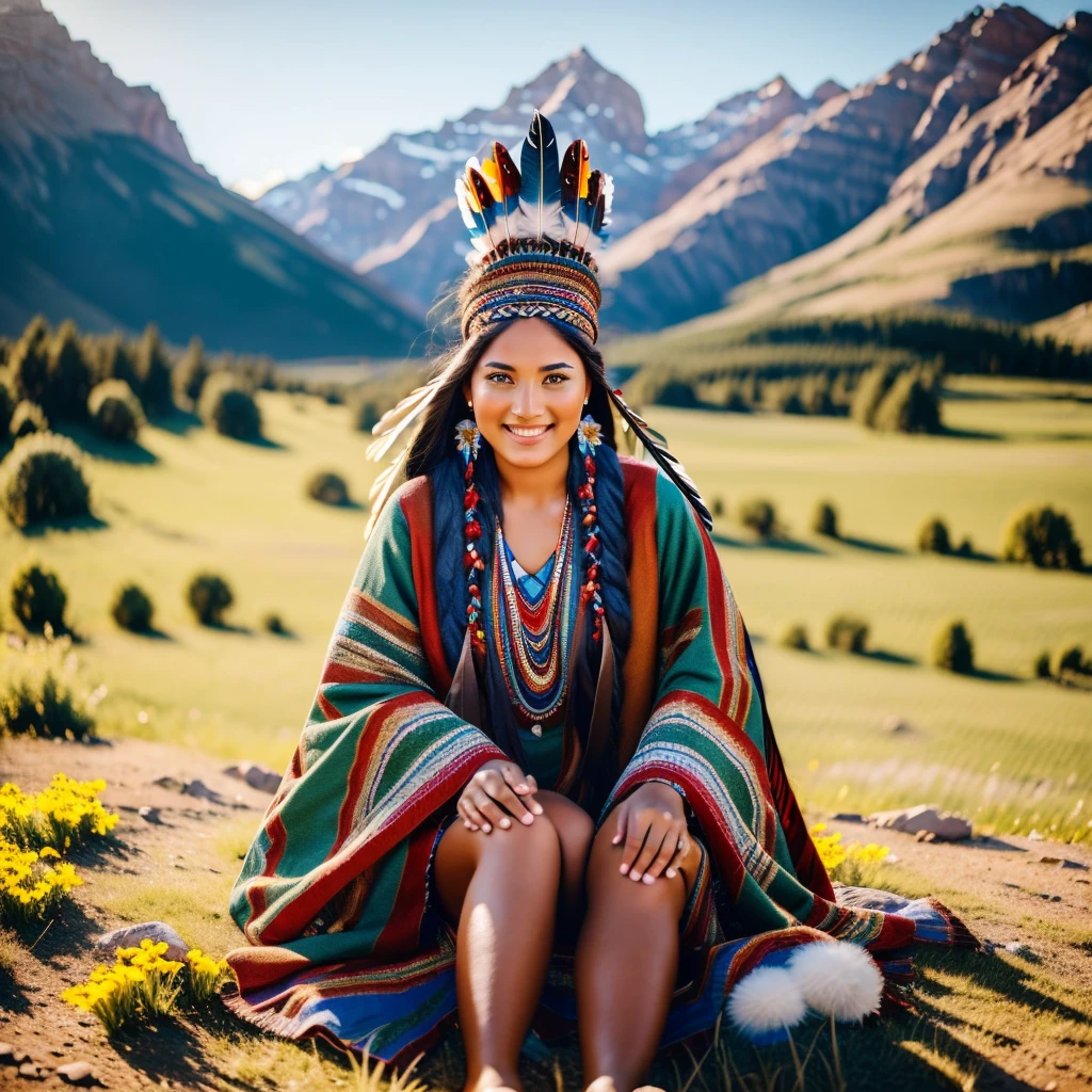 Masterpiece, absurdres,award winning photo, extremely detailed, amazing, fine detail, extremely detailed eyes and face, by lee jeffries nikon d850 film stock photograph 4 kodak portra 400 camera f1.6 lens rich colors hyper realistic lifelike texture dramatic lighting unrealengine trending on artstation cinestill 800 tungsten, beautiful 25 years old woman, smiling, excited, NativAm, a woman in a native dress , wearing NativAm, feathers on her head , braids, sitting on the green grass, flowers, mountains behind with her animals