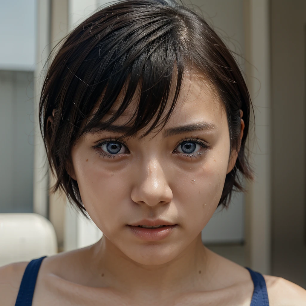Japanese girl with short hair and blue eyes crying