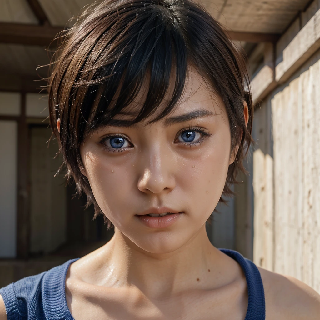 Japanese girl with short hair and blue eyes crying 

