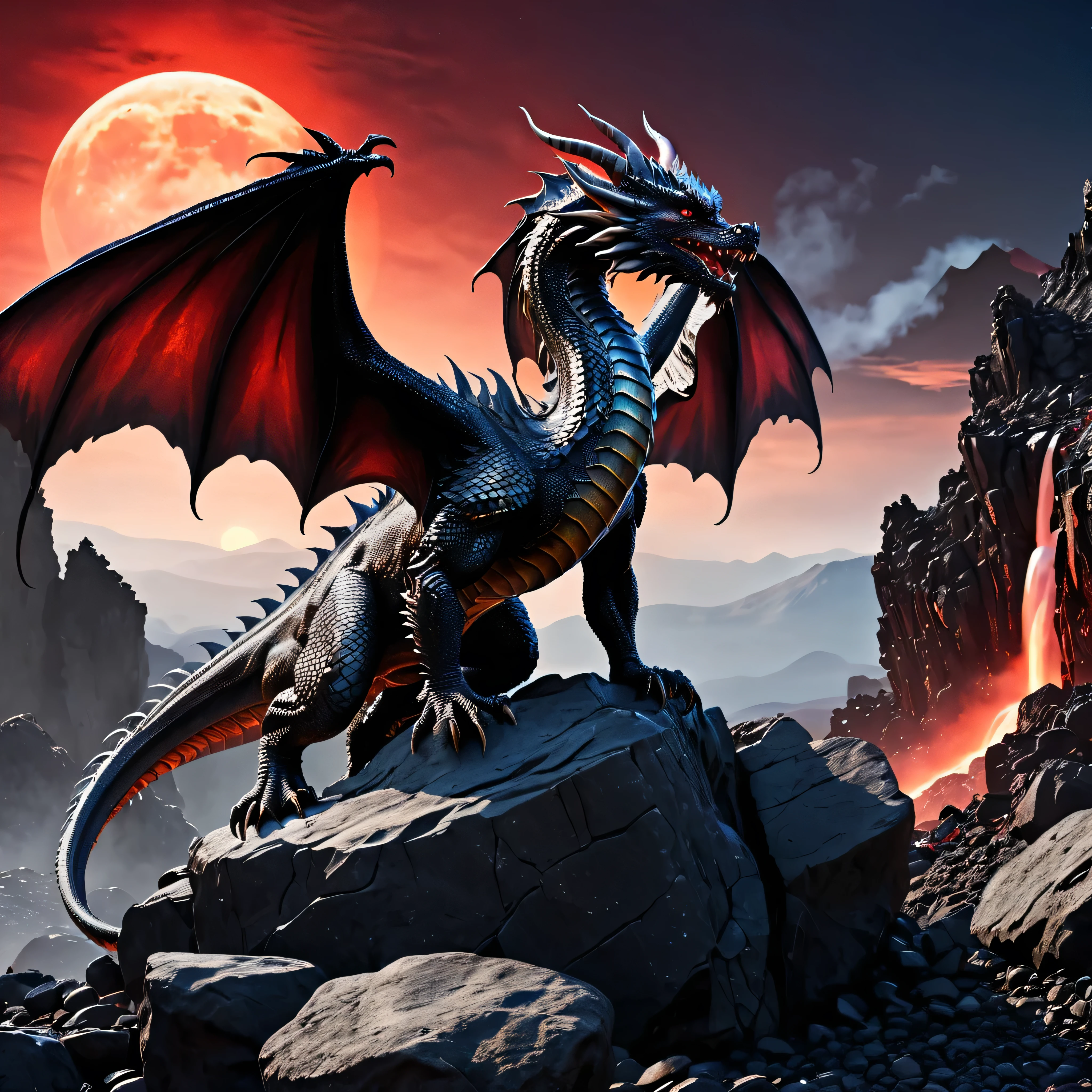  (A European dragon with 2 wings standing on a rocky ledge ), solo, lava waterfall, dust cloud red sun, BREAK, mystical creature, realistic, ultra detailed, dynamic pose, moonlit night, detailed mountain wasteland background, rocks in the foreground