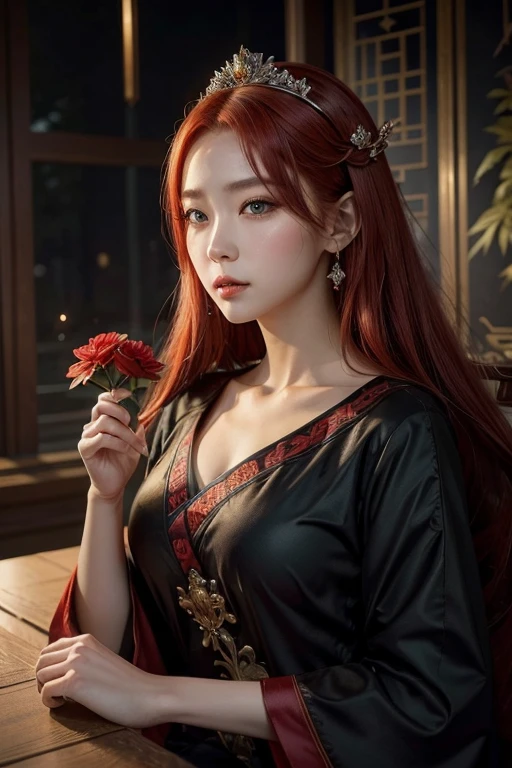 a woman in a black dress holding a flower in her hands, Red-hair, guweiz, ethereal beauty, ((a beautiful fantasy empress)), Beautiful character painting, guweiz style artwork, a beautiful fantasy empress, palace , A girl in Hanfu, A stunning portrait of a goddess, by Yang J, Por Li Song, beautiful animated portrait, ginger hair, green eyes, Asian, Red hair, princess of the chinese dynasty