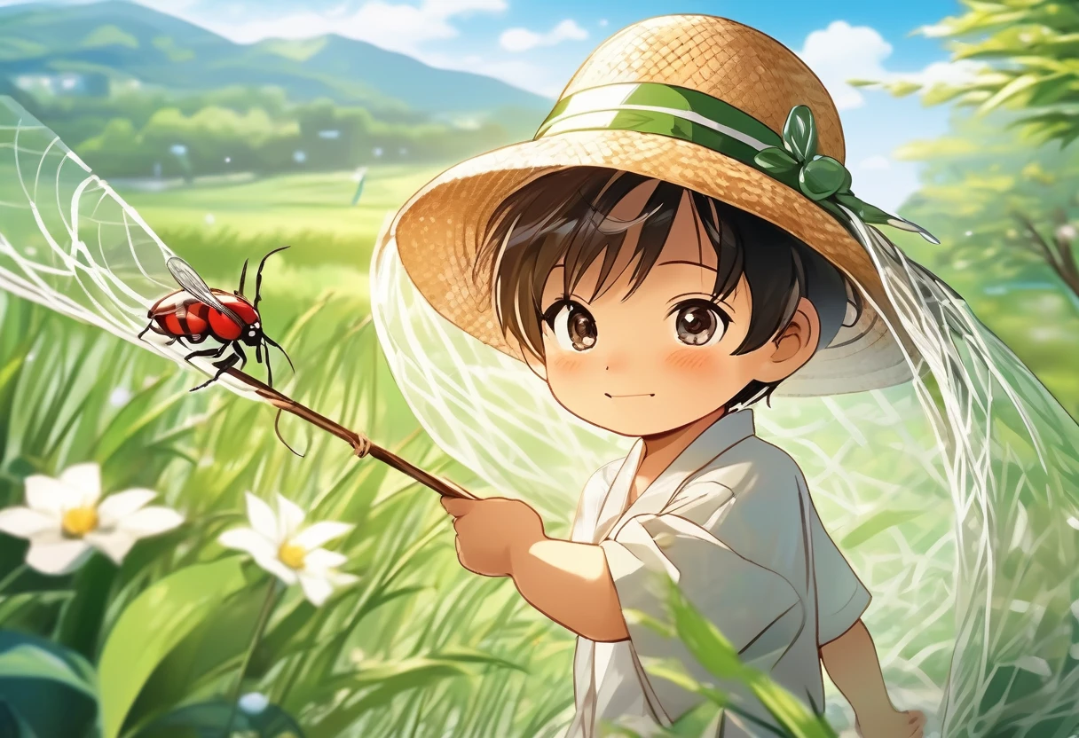 A chibi boy (10 years old) wearing a straw hat and standing,has an Japanese insect net(insect net is white net on the tip of the stick), summer vacation scenery, summer vacation memories, in the shade of trees on the hill, masterpiece, top quality,