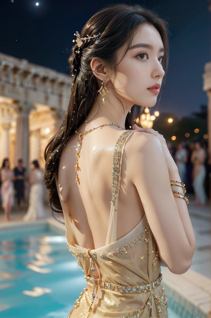 (((best quality))),(((ultra detailed))),(((masterpiece))),illustration,((1 beautiful girl,ancient greek princess,solo)),((earrings,crystal necklace)),(((sweat,wet,shiny skin))),((slim,thin)),((bare back,towering hips,butt crack)),(Gorgeous sheer dress:1.3),(((luxurious pool,grand temple,starry night sky))),summer,radiant complexion,(shoulder length straight hair:1.2),graceful,intricate patterns,embellishments,shimmering fabric,rainbow colors,gentle waves,fragrant oils,lush plants,elegant columns,serene ambiance,(surrounded by crowded crowds of attendants:1.3),ritual of cleansing,opulence,tranquility,solitude,busy life,timeless,enchanting image,essence of ancient greece,((from back,upper body))