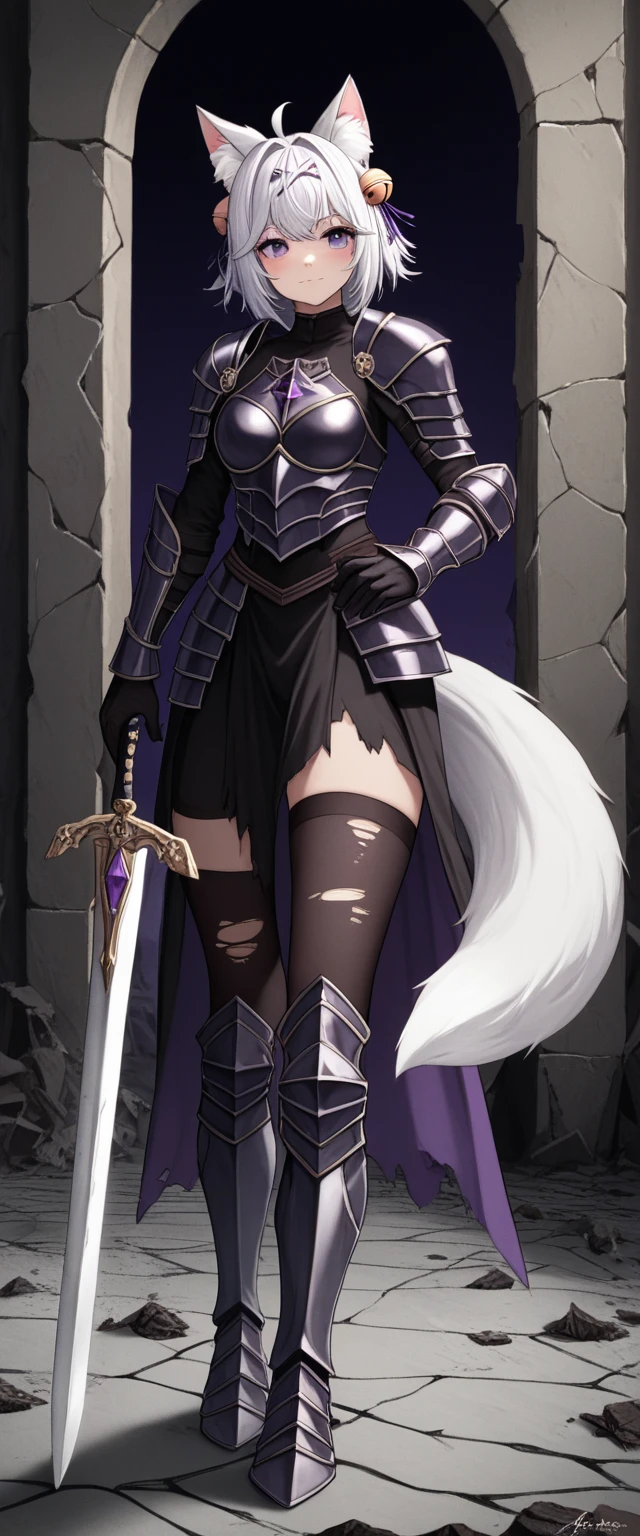 UHD, masterpiece, best quality, ((Night)), ((castle ruins)), ((battlefield)), ((destroyed empty throne)), ((destroyed walls)), broken glass, broken window, messy background, scary background, dramatic lighting, moody atmosphere, scary atmosphere, 1girl, solo, ((pageant pose)), conservative pose, black female knight armor, very elegant armor, ((sword at the back)) , ((Greatsword)), ((heavy sword)), Filian, ((fox tail)), ((small cat ears)), white hair, shoulder length hair, fly away hair, waist length hair ponytail, ahoge, hairclip, hair bell, ((big round eyes)) , ((deep purple eyes)) , ((dark purple eyes)), blush, closed mouth, light smile, black armor sleeve, black gloves, thick arms, thick legs, black armor boots, Eye-Level Shot, full body shot, elegant pose, front view