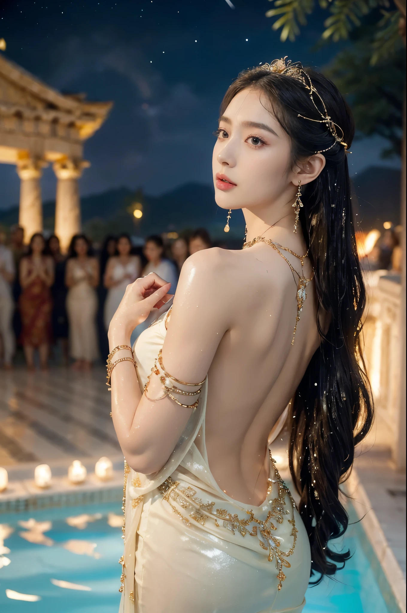 (((best quality))),(((ultra detailed))),(((masterpiece))),illustration,((1 beautiful girl,ancient greek princess,solo)),((earrings,crystal necklace)),(((sweat,wet,shiny skin))),((slim,thin)),((bare back,towering hips,butt crack)),(Gorgeous sheer dress:1.3),(((luxurious pool,grand temple,starry night sky))),summer,radiant complexion,(shoulder length straight hair:1.2),graceful,intricate patterns,embellishments,shimmering fabric,rainbow colors,gentle waves,fragrant oils,lush plants,elegant columns,serene ambiance,(surrounded by crowded crowds of attendants:1.3),ritual of cleansing,opulence,tranquility,solitude,busy life,timeless,enchanting image,essence of ancient greece,((from back,upper body))