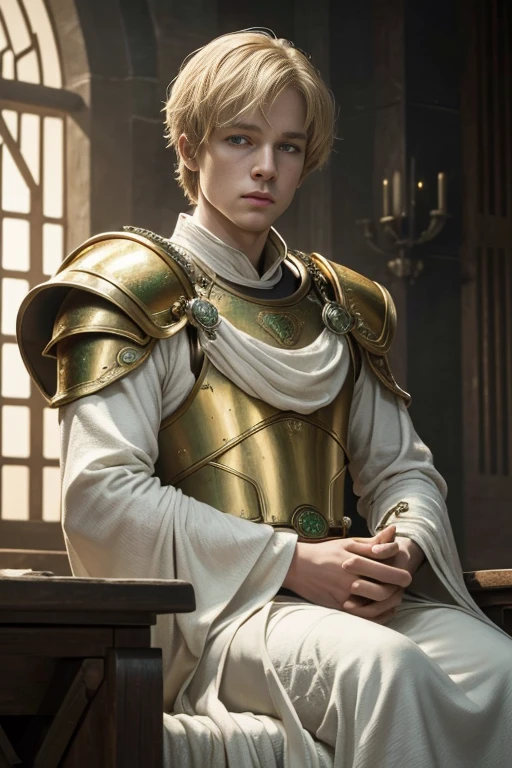 (Sci-fi fantasy), (Masterpiece), (professional oil painting) (best quality), (8k resolutionn) Game of thrones style, 4k quality, a white and delicate man, golden and short hair, jade eyes, prince, dressed in gold and white armour, with jade accessories. Castle white, gold and green. Beautiful face, like Ross Lynch 