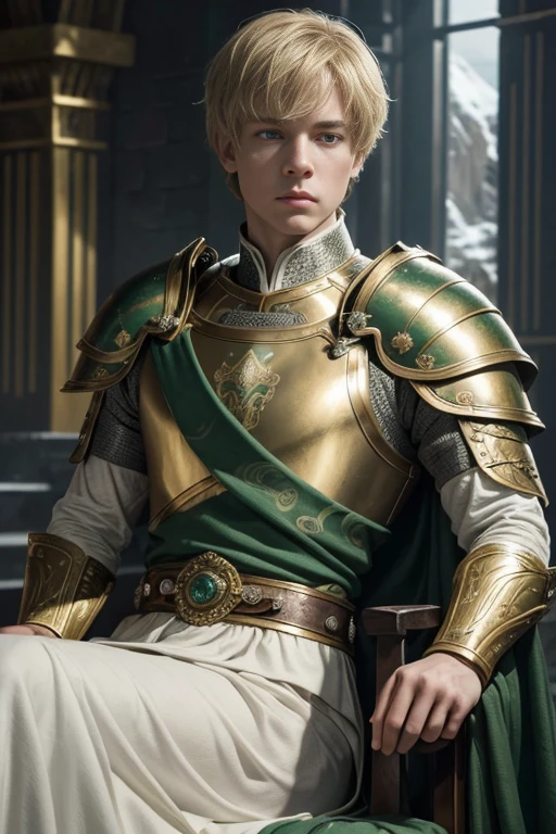 (Sci-fi fantasy), (Masterpiece), (professional oil painting) (best quality), (8k resolutionn) Game of thrones style, 4k quality, a white and delicate man, golden and short hair, jade eyes, prince, dressed in gold and white armour, with jade accessories. Castle white, gold and green. Beautiful face, like Ross Lynch 