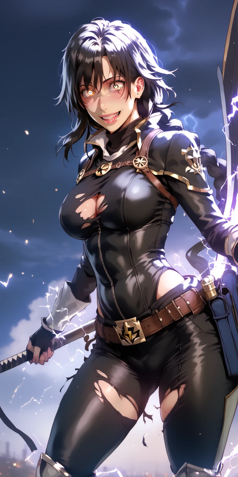 (hews art style:0.7), (hero neisan art style:0.7), score_9, score_8_up, score_7_up, score_6_up, score_5_up, score_4_up, uncensored, shizuka hiratsuka, long hair, black hair, black eyes, BREAK (masterpiece:1.2), best quality, high resolution, (detailed eyes:1.3), perfect lighting, (perfect hands, perfect anatomy), ultra-detailliert、From above、kosmos、accel_wad face, Crazy smile crutch, glowing, up close shot, Swirling wind, Lightning around the character, Complex background of the night, ighly detailed, murky, The dim, HDR, vignettes, unclean, torn, electricity,