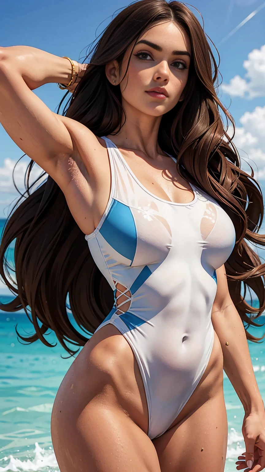Hairy woman face and one-piece swimsuit